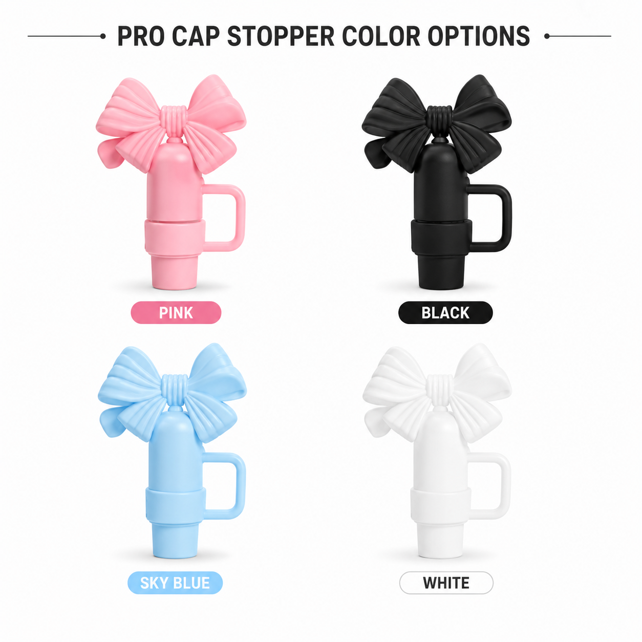 Butterfly Bow Pro Cap Stopper for Stanley Quencher Tumbler | Silicone Straw Topper (Pink, Black, Sky Blue & White)