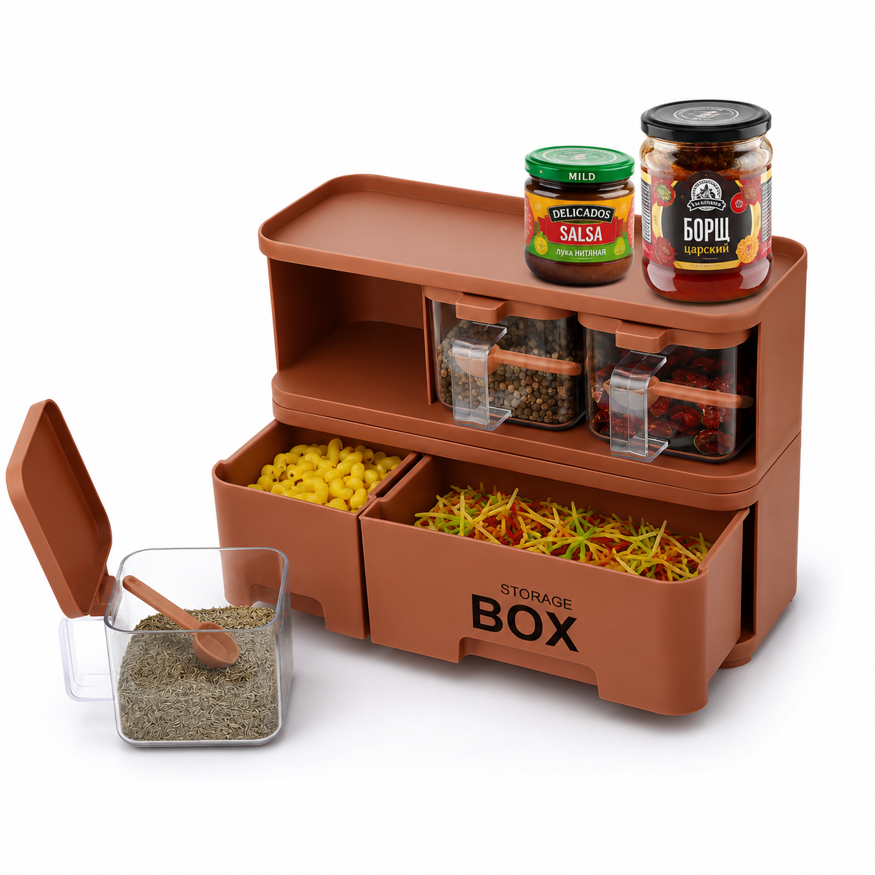 2 Layer Kitchen Spice Storage Organizer Box with Drawers & Containers