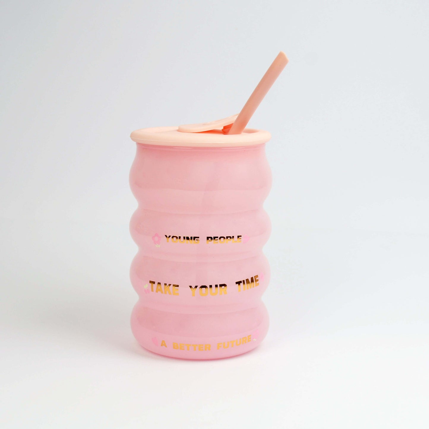 Seaygift Creative High Temperature Resistance 400ml Ripple Glass Cup with Straw Milk Tea Coffee Glass Tumbler Mug