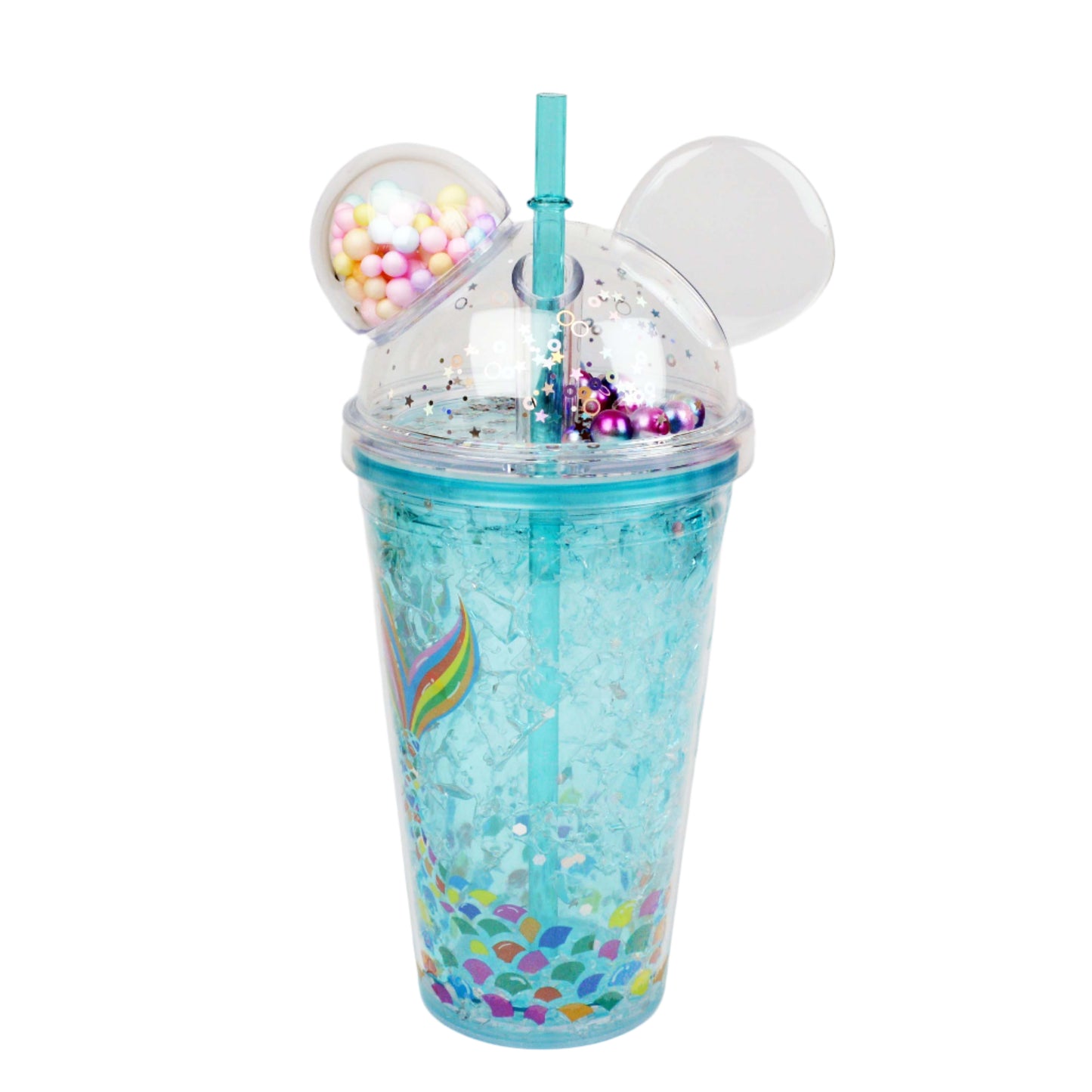 Seaygift 500ml Double Wall clear Ice Tumbler Cups Fruit Juice Summer Drinks Bottle Mouse Ear Plastic Water Bottle with Straw