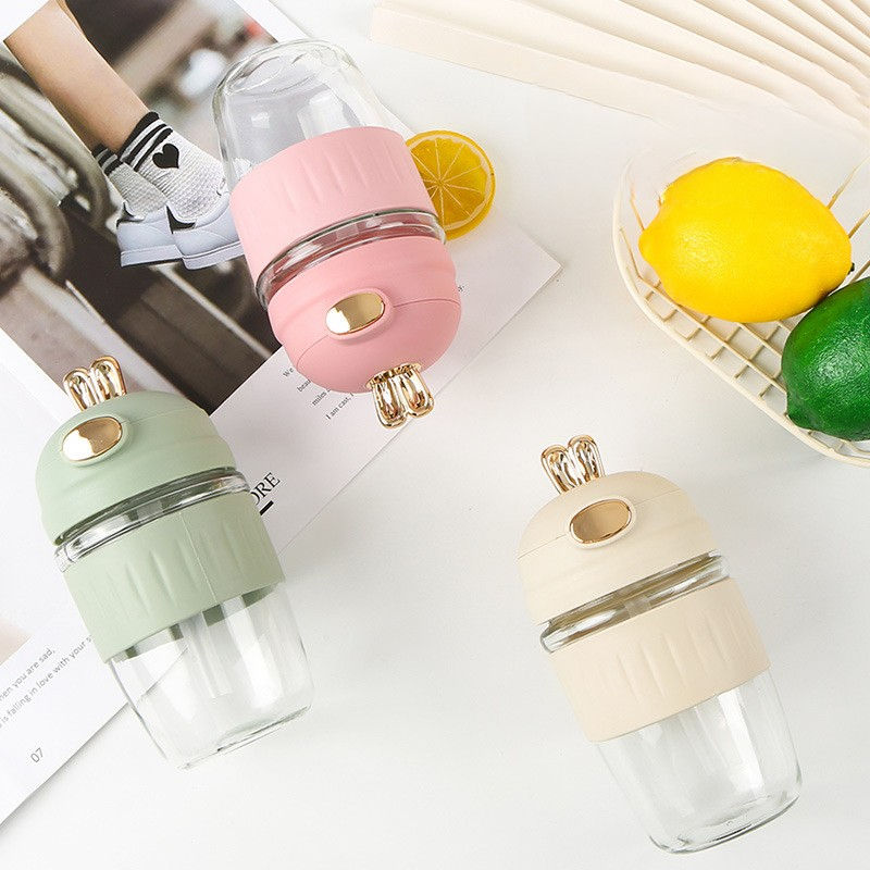 Cute rabbit glass cup Trending cartoon rabbit water bottle 400ml portable straw Cup summer children's glass coffee cups