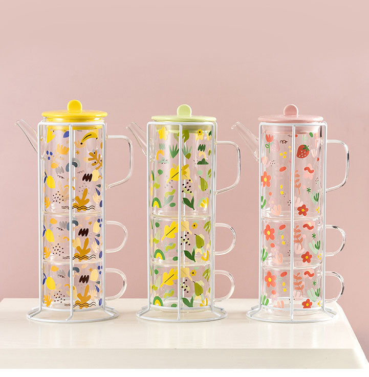 4 in 1 Glass Kettle Tea Pot Set with Stand Glass Water Pitcher with Two Cups Set (Pink Color)