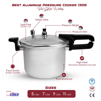 CHEF Best Aluminum Pressure Cooker - 1305 - 5 Liter Long Handle