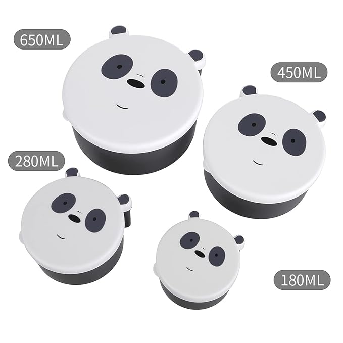 Round Plastic Kids Lunch box Set of 4(Panda),Suitable for Refrigerator Use,Food Storage Box with Leak Proof and Microwave Safe