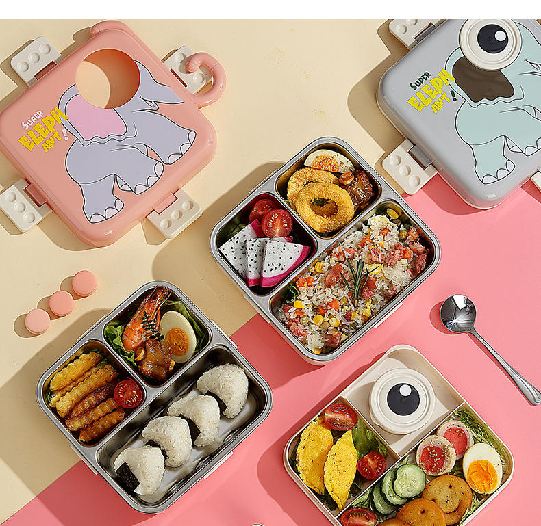 Cute Elephant Square 304 stainless steel lunch box portable auxiliary food box can be heated bento box with soup bowl