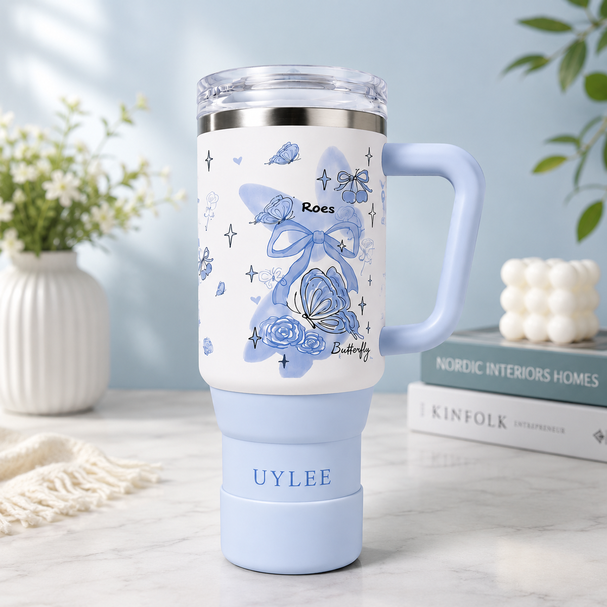 UYLEE Stainless Steel Sky Blue Floral Tumbler