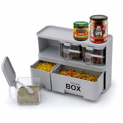 2 Layer Kitchen Spice Storage Organizer Box with Drawers & Containers