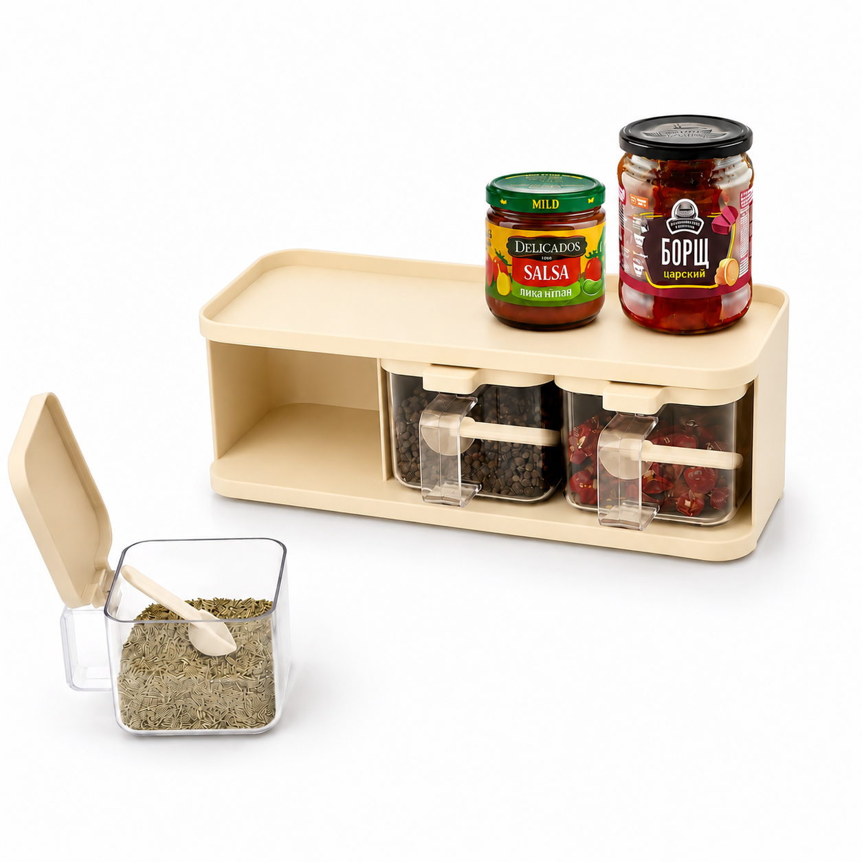 Single Layer Kitchen Spice Storage Organizer Box with Drawers & Containers