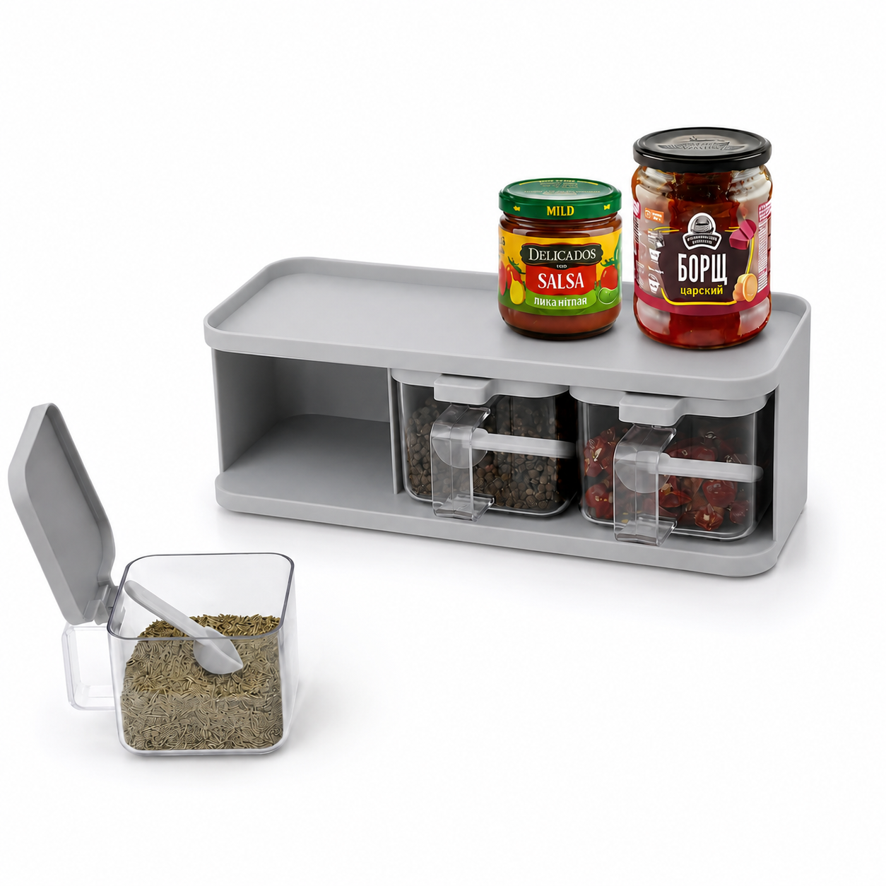 Single Layer Kitchen Spice Storage Organizer Box with Drawers & Containers