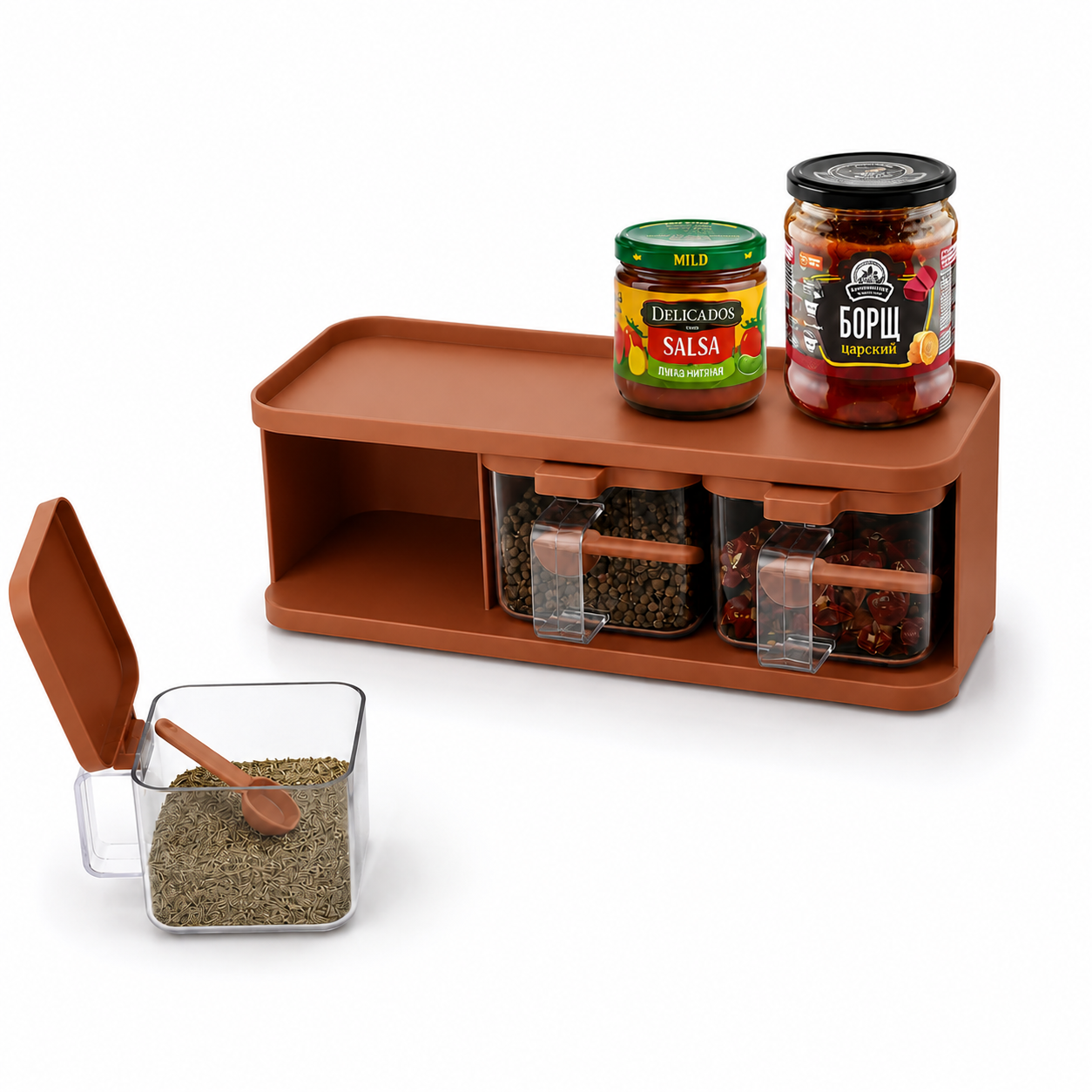 Single Layer Kitchen Spice Storage Organizer Box with Drawers & Containers