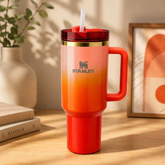 Stanley Style Gradient Insulated Tumbler with Handle & Straw – 40oz Travel Mug (Orange Red)