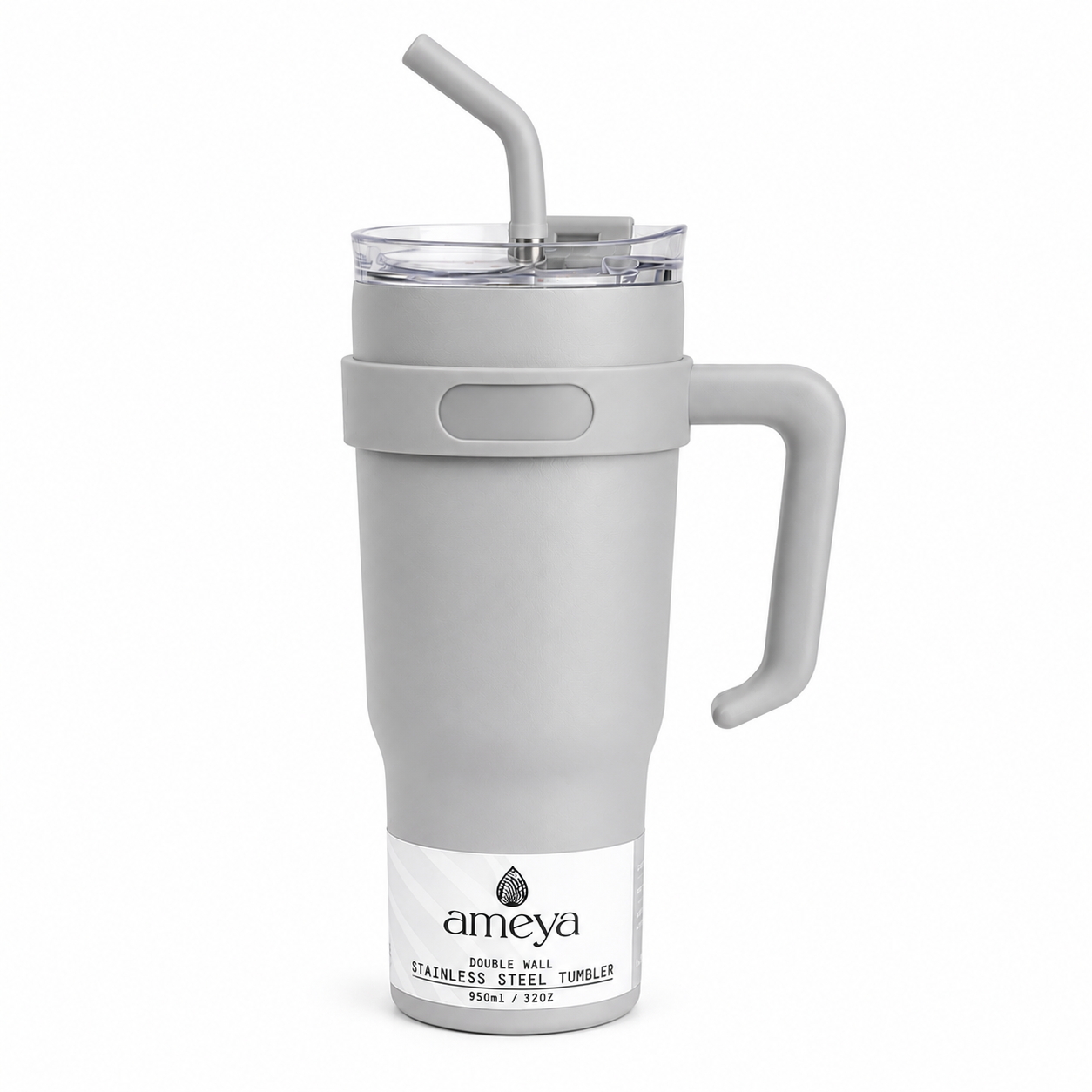 Ameya Frost Grey Insulated Travel Tumbler with Handle & Straw – 32oz