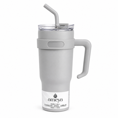 Ameya Frost Grey Insulated Travel Tumbler with Handle & Straw – 32oz