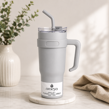Ameya Frost Grey Insulated Travel Tumbler with Handle & Straw – 32oz