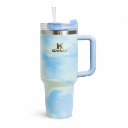 Sky Blue Marble Insulated Travel Tumbler with Handle & Straw – 40oz