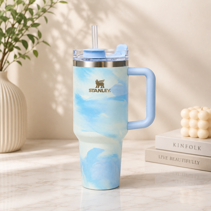 Sky Blue Marble Insulated Travel Tumbler with Handle & Straw – 40oz