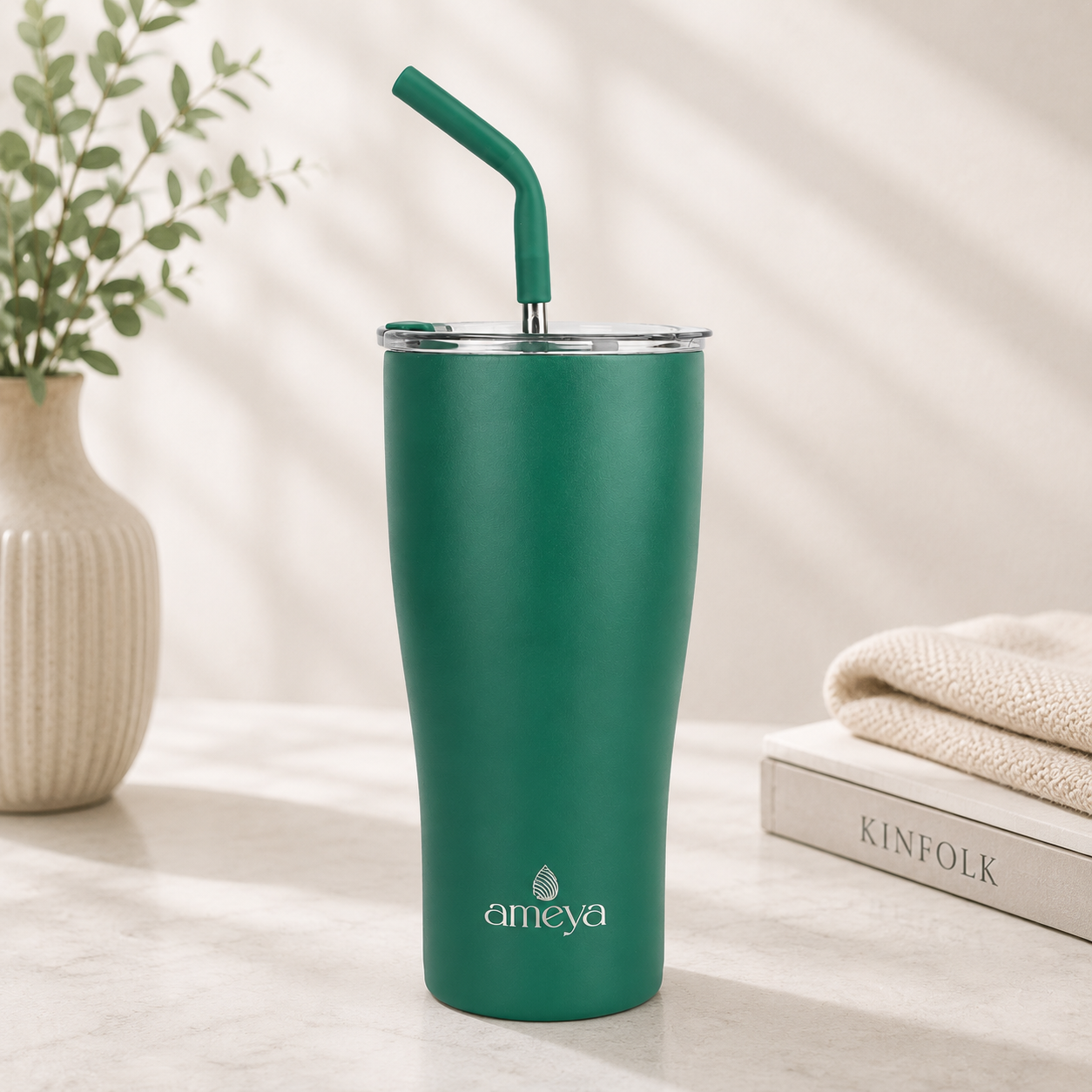 Ameya Midnight Green Vacuum Insulated Tumbler with Straw – 30oz