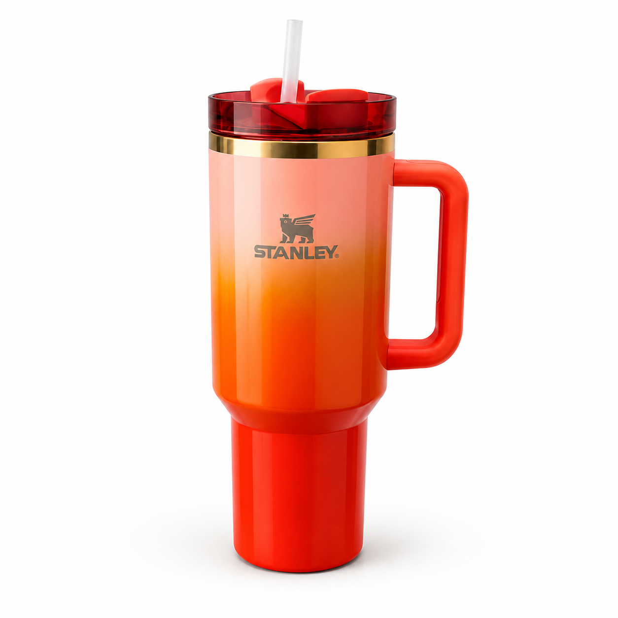 Stanley Style Gradient Insulated Tumbler with Handle & Straw – 40oz Travel Mug (Orange Red)