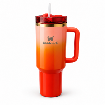Stanley Style Gradient Insulated Tumbler with Handle & Straw – 40oz Travel Mug (Orange Red)