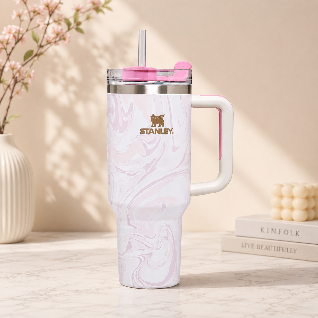 Stanley Inspired Marble Swirl Insulated Tumbler with Handle & Straw – 40oz