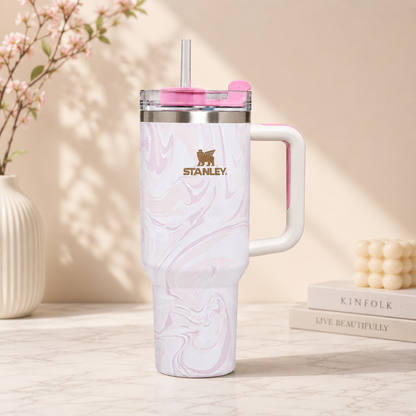 Stanley Inspired Marble Swirl Insulated Tumbler with Handle & Straw – 40oz