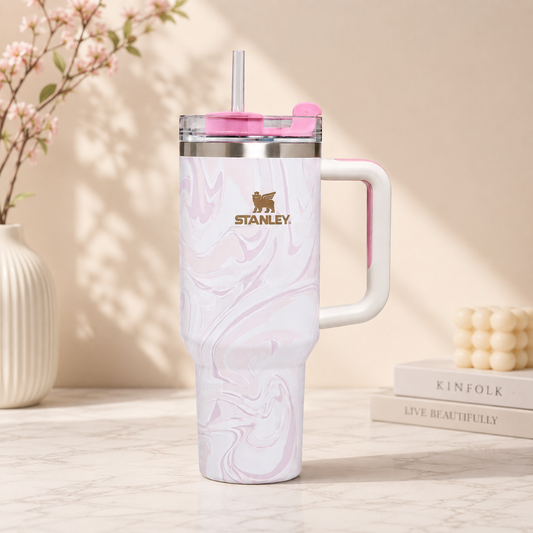 Stanley Inspired Marble Swirl Insulated Tumbler with Handle & Straw – 40oz