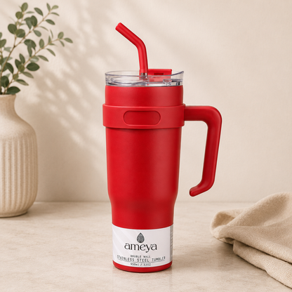 Ameya Crimson Red Insulated Travel Tumbler with Handle & Straw – 32oz