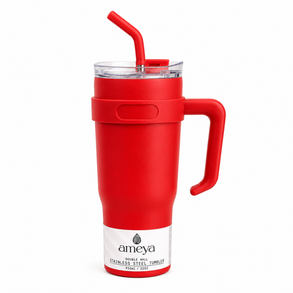 Ameya Crimson Red Insulated Travel Tumbler with Handle & Straw – 32oz