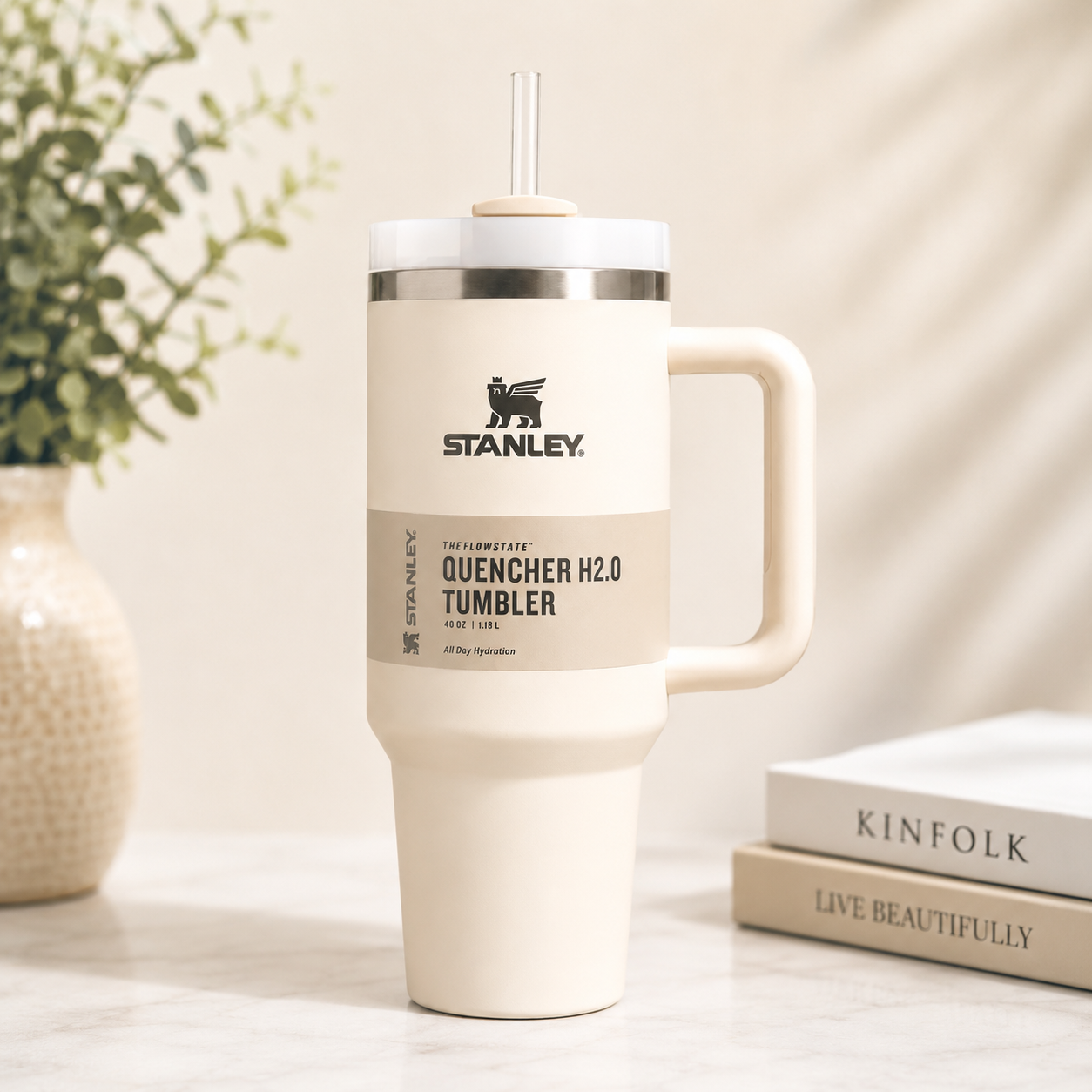 Stanley Quencher H2.0  Off White Tumbler 40oz – Vacuum Insulated Travel Mug with Handle & Straw