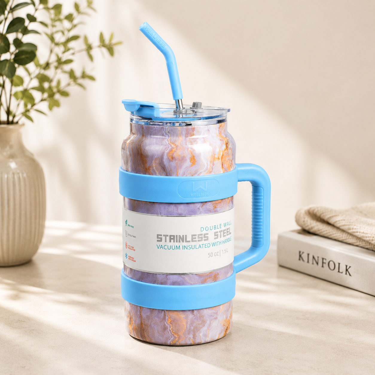 Marble Luxe Stainless Steel Insulated Jug Tumbler with Handle & Straw – 50oz