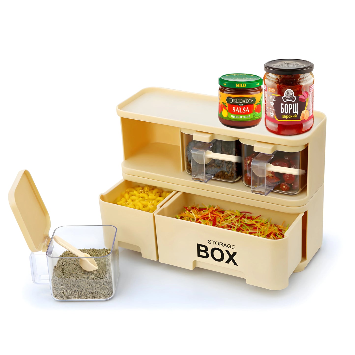 2 Layer Kitchen Spice Storage Organizer Box with Drawers & Containers