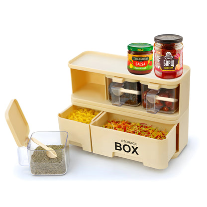 2 Layer Kitchen Spice Storage Organizer Box with Drawers & Containers