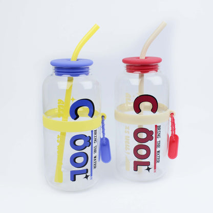 2025 New Cute 730ml Mirror Glass Cup with Straw Office Household Minimalist English Glass Water Bottle
