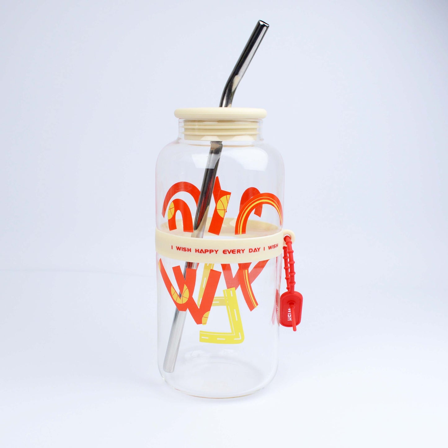 2025 New Cute 730ml Mirror Glass Cup with Straw Office Household Minimalist English Glass Water Bottle