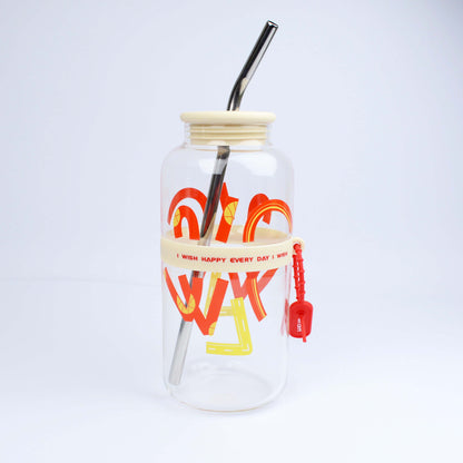 2025 New Cute 730ml Mirror Glass Cup with Straw Office Household Minimalist English Glass Water Bottle