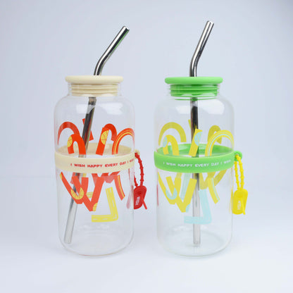 2025 New Cute 730ml Mirror Glass Cup with Straw Office Household Minimalist English Glass Water Bottle