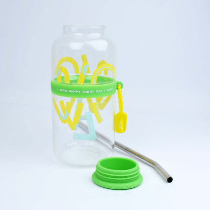2025 New Cute 730ml Mirror Glass Cup with Straw Office Household Minimalist English Glass Water Bottle