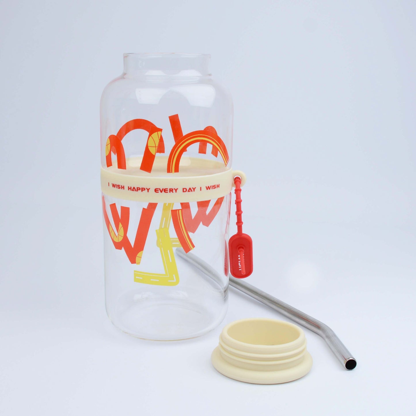 2025 New Cute 730ml Mirror Glass Cup with Straw Office Household Minimalist English Glass Water Bottle