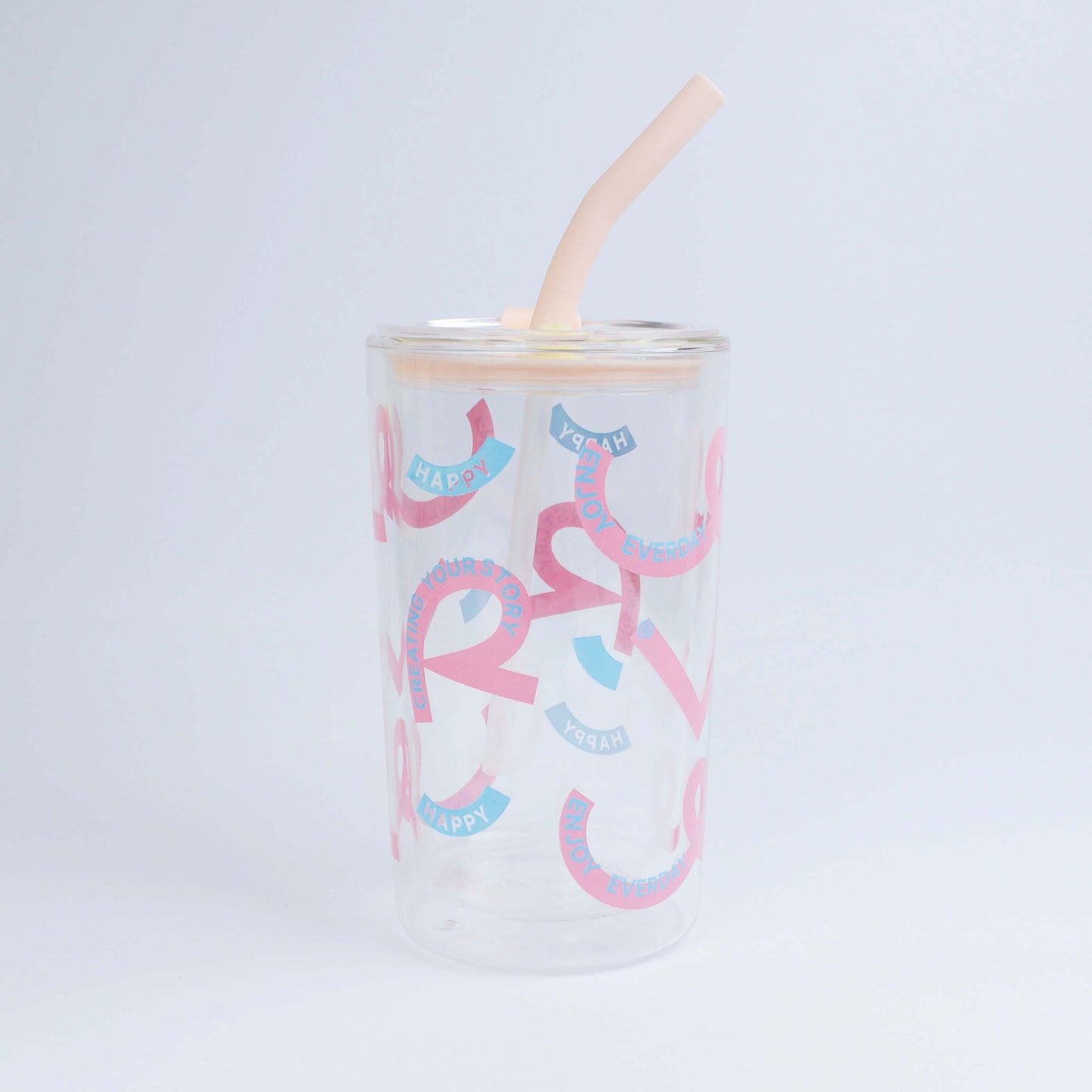 2025 New Cute 730ml Mirror Glass Cup with Straw Office Household Minimalist English Glass Water Bottle