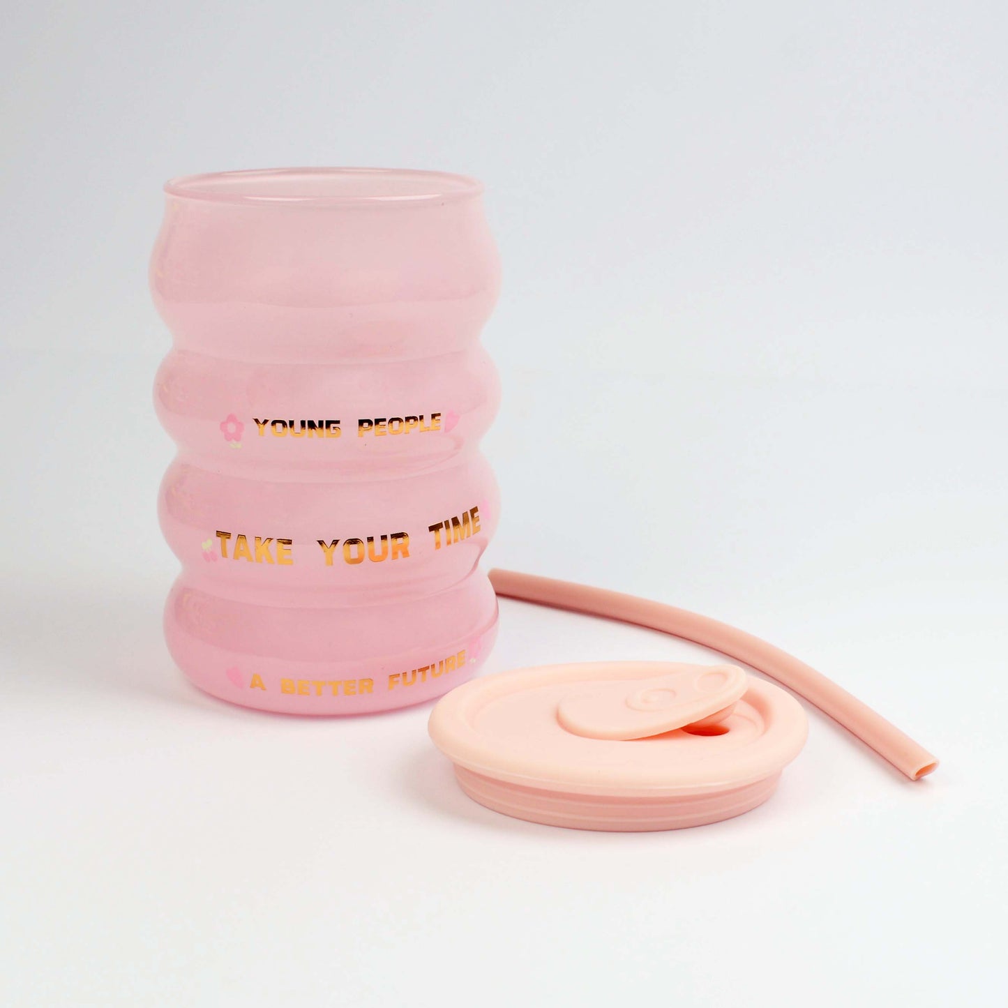 Seaygift Creative High Temperature Resistance 400ml Ripple Glass Cup with Straw Milk Tea Coffee Glass Tumbler Mug