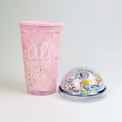 Seaygift 500ml Double Wall clear Ice Tumbler Cups Fruit Juice Summer Drinks Bottle Mouse Ear Plastic Water Bottle with Straw