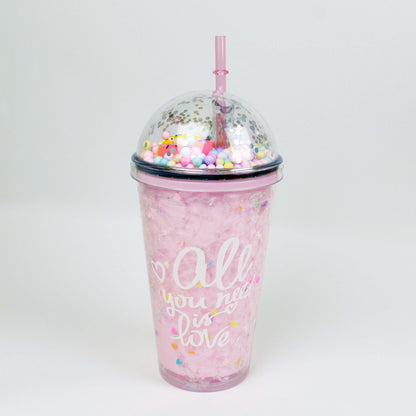 Seaygift 500ml Double Wall clear Ice Tumbler Cups Fruit Juice Summer Drinks Bottle Mouse Ear Plastic Water Bottle with Straw