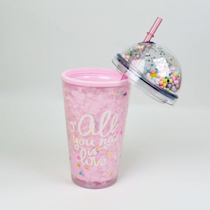 Seaygift 500ml Double Wall clear Ice Tumbler Cups Fruit Juice Summer Drinks Bottle Mouse Ear Plastic Water Bottle with Straw