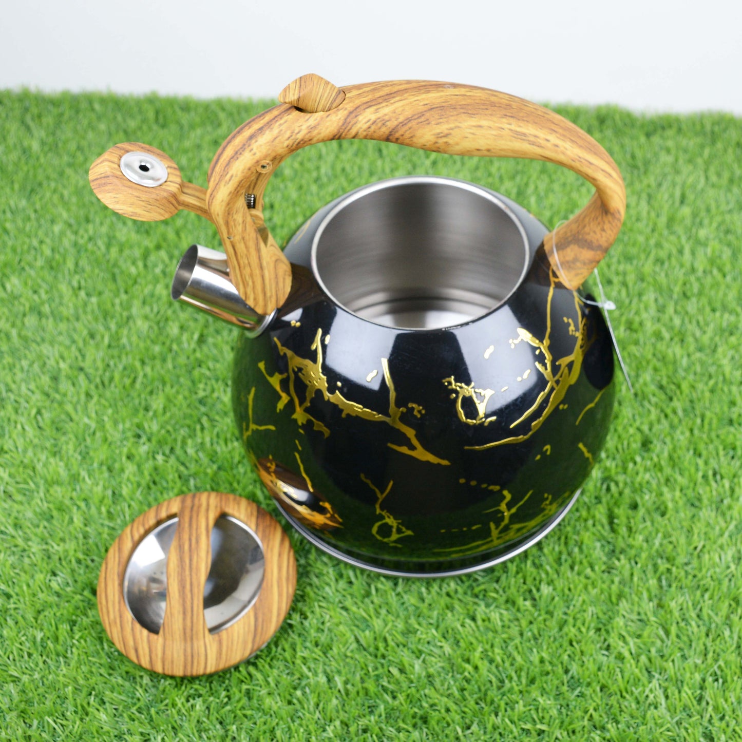 Colorful Painting Bollitore Whistling Kettles 3.0L Stove Top Single Bottom Whistling Kettle with Wooden Handle  (Golden)