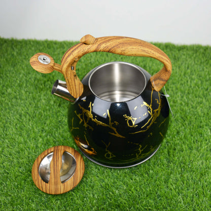 Colorful Painting Bollitore Whistling Kettles 3.0L Stove Top Single Bottom Whistling Kettle with Wooden Handle  (Golden)