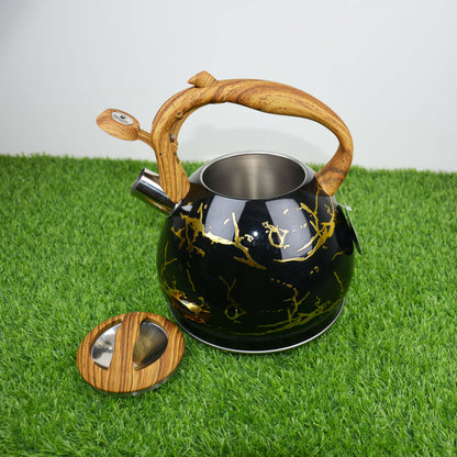 Colorful Painting Bollitore Whistling Kettles 3.0L Stove Top Single Bottom Whistling Kettle with Wooden Handle  (Golden)