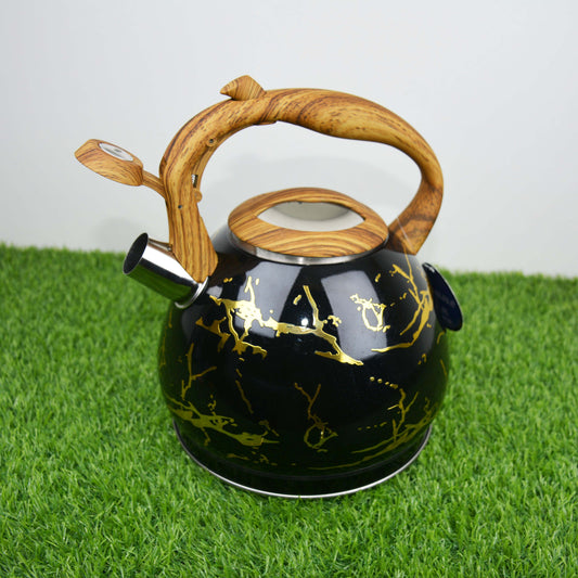 Colorful Painting Bollitore Whistling Kettles 3.0L Stove Top Single Bottom Whistling Kettle with Wooden Handle  (Golden)