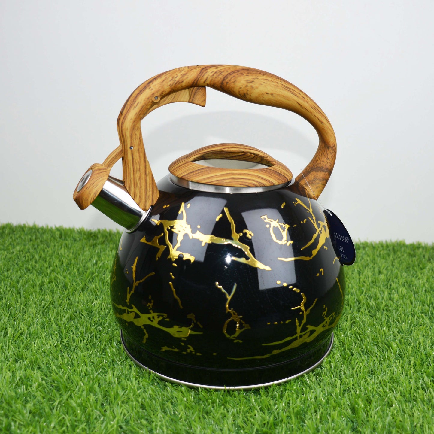 Colorful Painting Bollitore Whistling Kettles 3.0L Stove Top Single Bottom Whistling Kettle with Wooden Handle  (Golden)