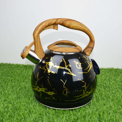 Colorful Painting Bollitore Whistling Kettles 3.0L Stove Top Single Bottom Whistling Kettle with Wooden Handle  (Golden)
