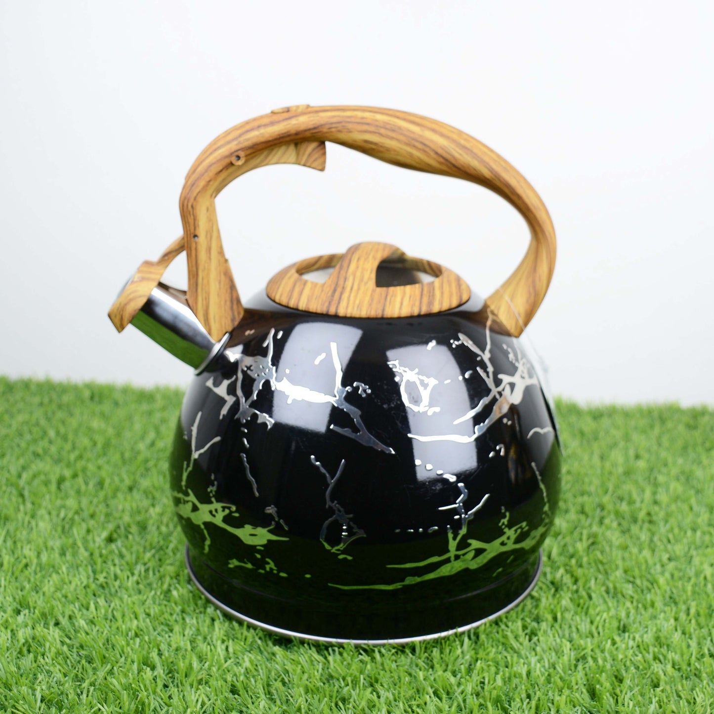 Colorful Painting Bollitore Whistling Kettles 3.0L Stove Top Single Bottom Whistling Kettle with Wooden Handle (Silver)